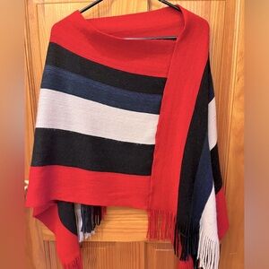 NOT MEEK/MILD Colorblock Red/Tan/Blue/Black Poncho with Fringe
